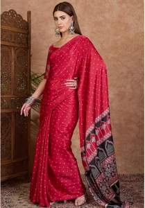 KV Barn <b>Red</b> Ajrakh Printed Satin Crepe Silk Saree With Unstitched <b>Blouse</b> - Product Image 1