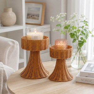 Portavelas de Ratán Hecho a Mano, Decoración Boho para Mesa, Portavelas de Mimbre para Sala de Estar, Comedor, Centro de Mesa - Product Image 1