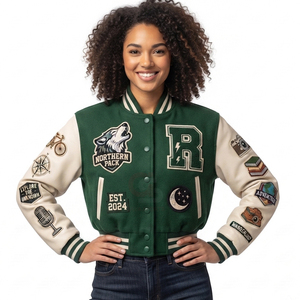 Chaqueta Bomber Corta para Mujer, Estilo Varsity, Diseño de Lujo, Chaqueta Corta Varsity para Mujer, Cuerpo de Lana, Mangas de Cuero - Product Image 5