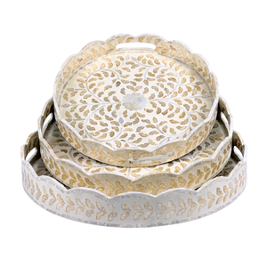 Ensemble de plateaux rectangulaires en MDF pliables, avec incrustation de nacre de Capiz festonnée et motif feuille, faits main, durables, classiques, pour le salon - Product Image 3