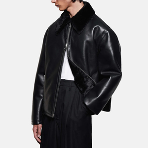 Chaqueta de Aviador de Cuero PU para Hombre con Logotipo Personalizado, Chaqueta Bomber Clásica Negra con Cuello de Piel, Forro Polar Grueso y Cálido, Ropa de Invierno - Product Image 3