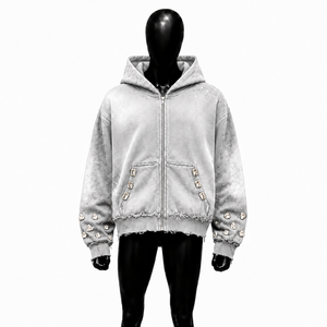 Sudadera con capucha plateada para hombre, extragrande, con cremallera, color liso, adornada con pedrería, estilo urbano, corte regular, 100% algodón polar - Product Image 1