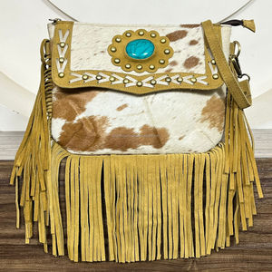 Sac bandoulière artisanal en cuir de vachette à franges avec pierre turquoise, style western bohème, pour femme, usage quotidien, collection 2026 - Product Image 4