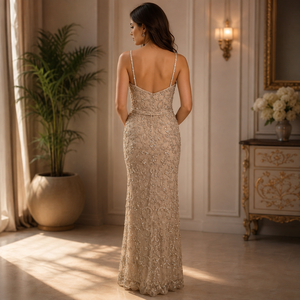 Womens Champagne <b>Sequin</b> Embroidered Maxi Dress Spaghetti Strap Modern Natural Waist Elegant Evening Party Wedding Formal Prom - Product Image 4
