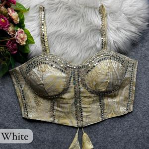 Choli beige de algodón bordado con trabajo de espejo, blusa tradicional india para boda, para mujer - Product Image 1