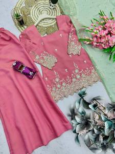 Conjunto de traje Salwar Kameez bordado rosa para mujer, traje étnico de seda, ropa para fiesta de boda - Product Image 6
