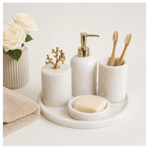 Ensemble de salle de bain en marbre blanc naturel de qualité supérieure, 5 accessoires de bain luxueux faits à la main avec détails en corail doré pour hôtels et maisons - Product Image 5