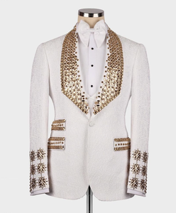 <b>Men</b>’s <b>White</b> Embroidered Wedding Suit <b>Jacket</b> with Gold Handwork Tuxedo Blazer – Designer Groom & Party Wear Coat - Product Image 1