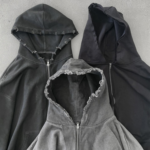 Hoodies Mens Blank Black French Terry Vintage Distressed Acid Wash <b>Zip</b> up Hoodie Men - Product Image 1