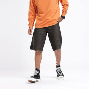 Pantalones Cortos de Mezclilla Negros Rotos para Hombre, Estilo Bermuda, con Cordón en la Cintura, Casuales, de Algodón y Lona, de Tiro Medio, Color Sólido - Product Image 4