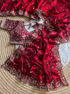 Party Wear Fandy <b>Satin</b> Silk <b>Saree</b> With Embroidery Sequence Work And Multi Borders With Aarco Paired With Fully Stitched Blouse - Product Image 4
