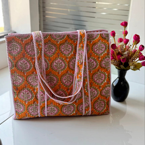 Hand Block Printed Cotton Tote <b>Bag</b> Handmade Quilted Eco-Friendly Durable Lightweight Portable <b>Large</b> Capacity Mesh Lining Zipper - Product Image 1