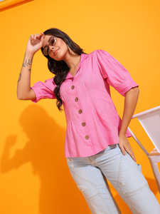 Top Rosa de Algodón para Mujer, Diseño Sólido con Cuello de Abrigo Elegante y Mangas Cortas, Ideal para Uso Casual en Oficina - Product Image 3