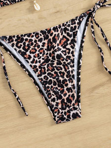 Women's Leopard Print <b>Bikini</b> <b>Set</b> Two Piece <b>Triangle</b> Top With Pearl Decoration Tie Side Bottoms Stretch Swimwear - Product Image 5