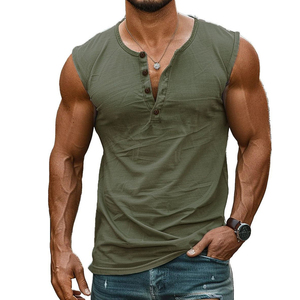 Custom <b>Logo</b> Men's Henley Tank Top Button Placket Muscle Fit Sleeveless Shirt Wholesale Bulk Casual Gym Streetwear Top Tank Tops - Product Image 2