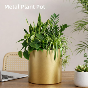 กระถางต้นไม้โลหะพร้อมรูระบายน้ำ กระถางแบบดั้งเดิมสำหรับปลูกต้นไม้ในร่มและกลางแจ้ง สำหรับตกแต่งโต๊ะ สีทองขัดเงา ทนทาน - Product Image 2