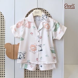 Conjunto de Pijama de Manga Corta y Pantalones Cortos de Seda Latina para Niños SeunKids, Ropa de Dormir Suave y Cómoda para Verano, Vietnam - Product Image 1