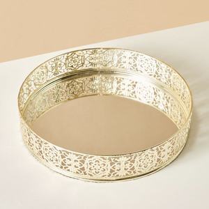 Luxurious Round Gold Plated Decorative Tray with Floral Pattern Bohemian Style Metal Handicraft <b>Mirror</b> Surface - Product Image 1