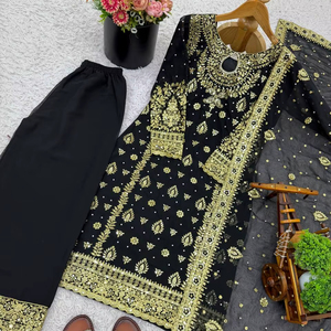 Ensemble pantalon en faux georgette épais avec broderie de sequins, entièrement cousu, prêt-à-porter, tenue de fête ethnique festive pour femmes - Product Image 5