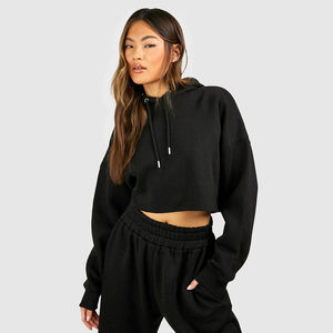 Sudadera con Capucha Corta Negra para Mujer, de Manga Larga, Forro Polar, con Logotipo Personalizado, OEM, ODM, Ropa al por Mayor - Product Image 1