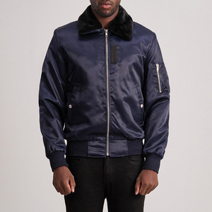 Men's Navy Blue Satin Bomber <b>Jacket</b> with Removable Black Faux Fur Collar Zipper Up Shiny Silk Flight <b>Jacket</b> Casual Winter Coat - Product Image 1