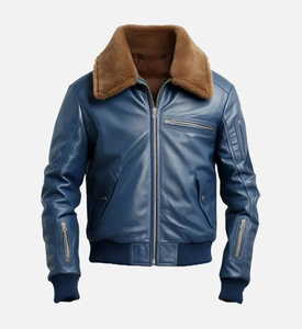Chaqueta de cuero azul para hombre con cuello de piel, diseño moderno, recién llegada, cuero vacuno de primera calidad. - Product Image 1