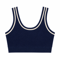 Soutien-gorge de sport sans couture personnalisé pour femme, 90 % nylon 10 % élasthanne, 250 g/m², bleu marine, maintien moyen, côtelé, bretelles larges contrastées