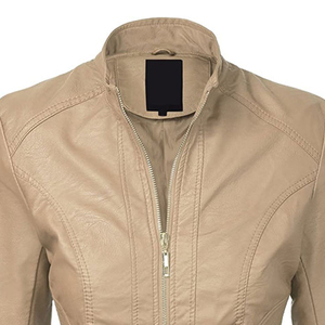 Blouson moto en cuir PU marron pour femme, manches longues, col montant, fermeture éclair, couleur unie, style motard, pour l'automne - Product Image 4