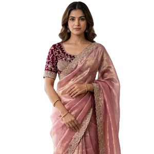 Sari de satén de diseño Fandy para mujer con trabajo de lentejuelas |   Sari con borde calado y blusa bordada en contraste con costuras completas - Product Image 1