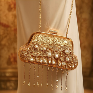 Handmade Hammered Gold Tone Evening <b>Bag</b> with Beaded Stone Pattern <b>Pearl</b> Fringe Chain Strap Bridal <b>Clutch</b> - Product Image 3