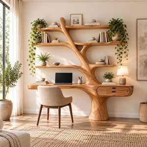 Escritorio de Madera Contemporáneo de Pared DS08 Luxali Hecho a Mano con Estanterías en Forma de Árbol y Cajón para Oficina en Casa - Product Image 1