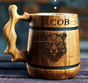 Chopes à bière en bois personnalisées gravées en bois avec tasse à café en acier inoxydable en provenance d'Inde - Product Image 4
