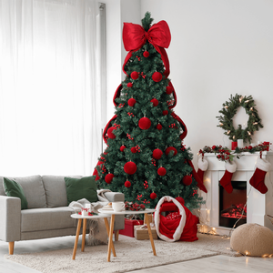 Albero di Natale Artificiale da 2,3 m con 300 Luci LED Bianco Caldo, Albero di Pino Pieghevole con Grande Fiocco e Palline Rosse - Product Image 6