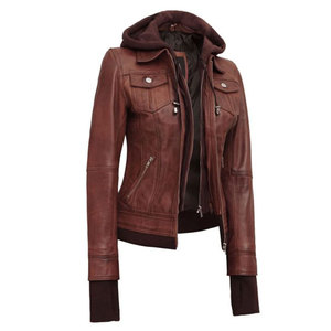 Women's Hooded Brown Leather <b>Jacket</b> - 2-in-1 Versatile Biker Style - Fashionable Slim Fit Ladies Leather Outerwear - Product Image 4