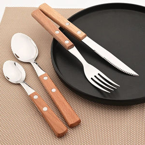 Ensemble de couverts élégants en acier inoxydable de haute qualité, finition dorée miroir, avec manche en bois, pour restaurant, en promotion - Product Image 2