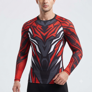 เสื้อรัดรูปแขนยาวสำหรับผู้ชาย สีแดง ดำ ขาว พิมพ์ลายแบบซับลิเมชั่น แห้งเร็ว ผลิตจากผ้าสแปนเด็กซ์และโพลีเอสเตอร์ - Product Image 1