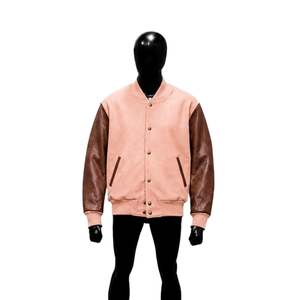 Chaqueta Varsity Rosa Personalizada con Mangas de Cuero Marrón, Chaqueta Bomber de Béisbol para Hombre, Chaqueta Universitaria de Primera Calidad - Product Image 1