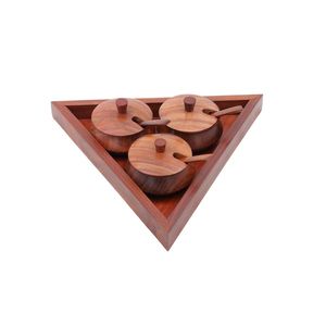Handcrafted Wooden <b>Spice</b> Box <b>Set</b> | Triangular Condiment <b>Jars</b> with Tray | Kitchen Storage Organizer - Product Image 2