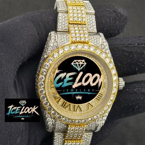 นาฬิกาข้อมืออัตโนมัติ Ice Look ขนาด 28 มม. สายคริสตัลสองสี หน้าปัดสีทอง แสดงวันที่ ETA แฟชั่น - Product Image 1