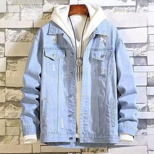 Men's Light Blue Denim Jacket Casual Button Front Distressed Ripped Solid Color Regular Fit Spring Washable 100% Cotton - Product Image 5