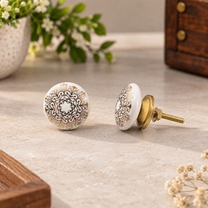 Bouton de meuble décoratif en céramique 38 mm, poignée de tiroir florale ivoire-brun-doré avec base métallique pour meubles - Product Image 2