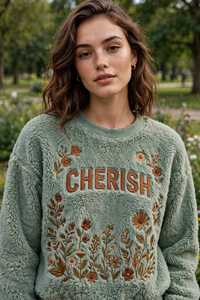 Sweat-shirt en molleton à col rond pour femme, vert sauge, avec broderie 3D de la lettre Cherish, manches classiques, anti-boulochage, haut décontracté - Product Image 4