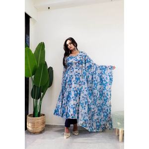 DISEÑADOR TABBY ORGANZA IMPRESIÓN DIGITAL TRABAJO VESTIDO FONDO CON DUPATTA SKY - Product Image 1