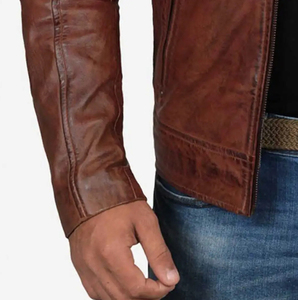 Custom Made Man's Stylish Brown Genuine Leather Vintage Style <b>Jacket</b> Breathable Fabric ODM Service Collar Shirt Cuffs Open Hem - Product Image 4