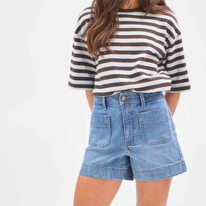Short en jean décontracté pour femme, coupe droite, taille mi-haute, en coton/élasthanne, écologique, texture lisse, respirant, délavé, boutonné - Product Image 5