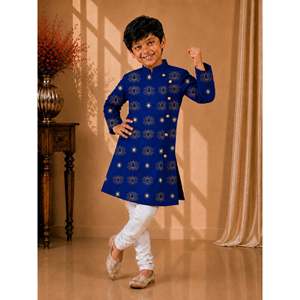 Ensemble Kurta Pyjama Homme Twisha-Xpressions Bleu Royal Manches Longues Imprimé Lotus Intégral en Polyester Traditionnel Ethnique pour Fêtes et Cérémonies - Product Image 1