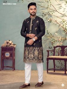 Ocassional wear Star Cotton with Embroidery Flower Butti & Elephant Motif work Knee-Length <b>Kurta</b>-Payjama Indian Exporter - Product Image 3