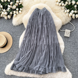 Jupe longue plissée en organza pour femme, taille élastique, avec volants, couleur unie, style été, longueur au sol - Product Image 6