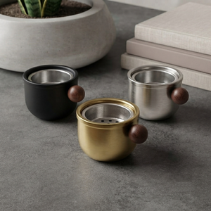 Compact Rounded Metal Incense <b>Burners</b> In Black Gold And Silver Finishes Each Featuring <b>Side</b> Wooden Ball Handles And Mesh Inserts - Product Image 5