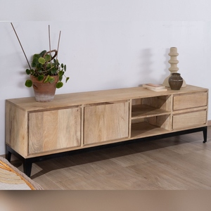 Meuble TV Vandana Silver Order Large 180cm en bois de manguier massif avec portes, niches et tiroirs Gola - Product Image 5